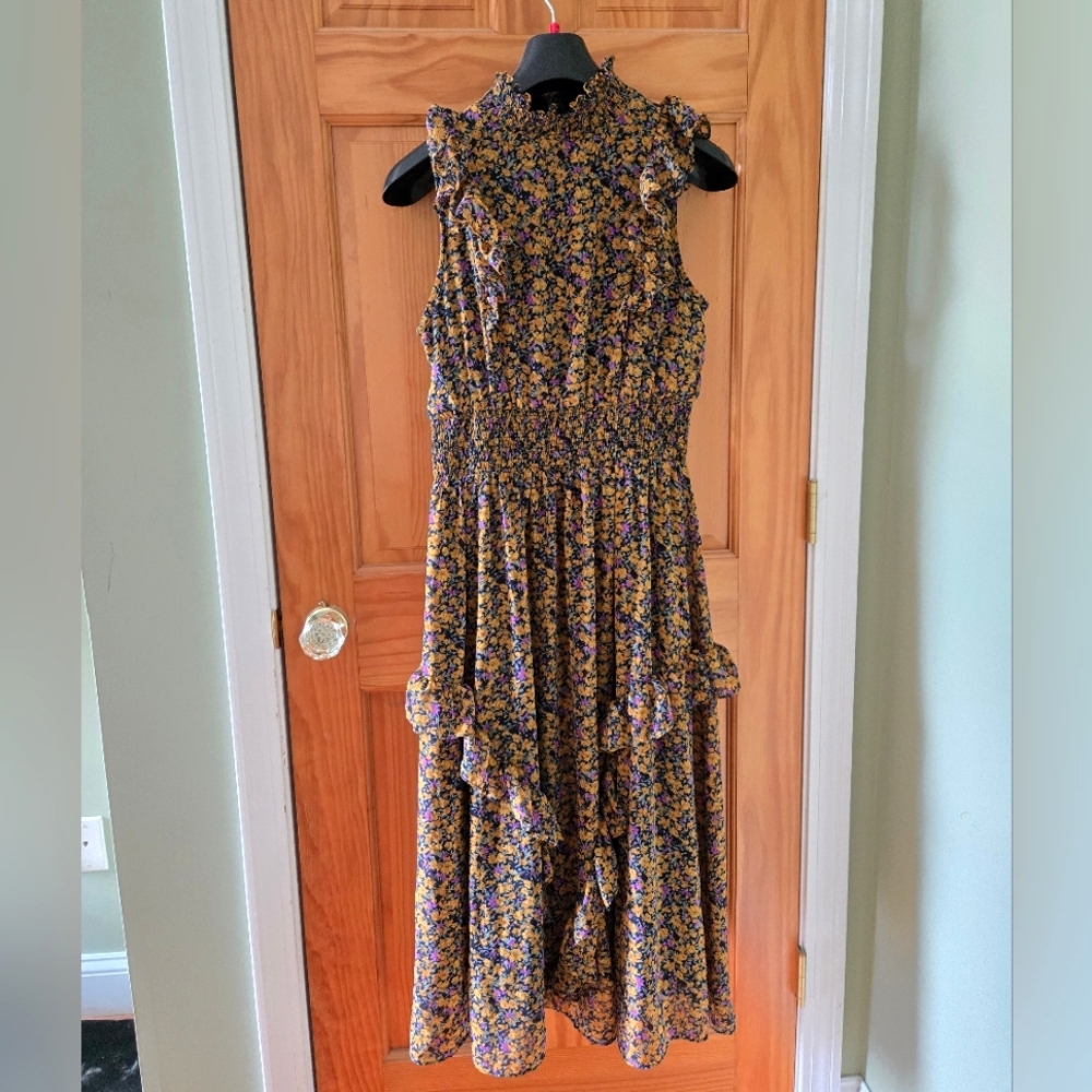Lulus Ruffle Floral Mock Neck Midi Dress